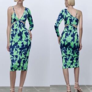 ZARA Green Asymmetric Jacquard V-Neck Dress Size M Spaghetti Strap One Sleeve